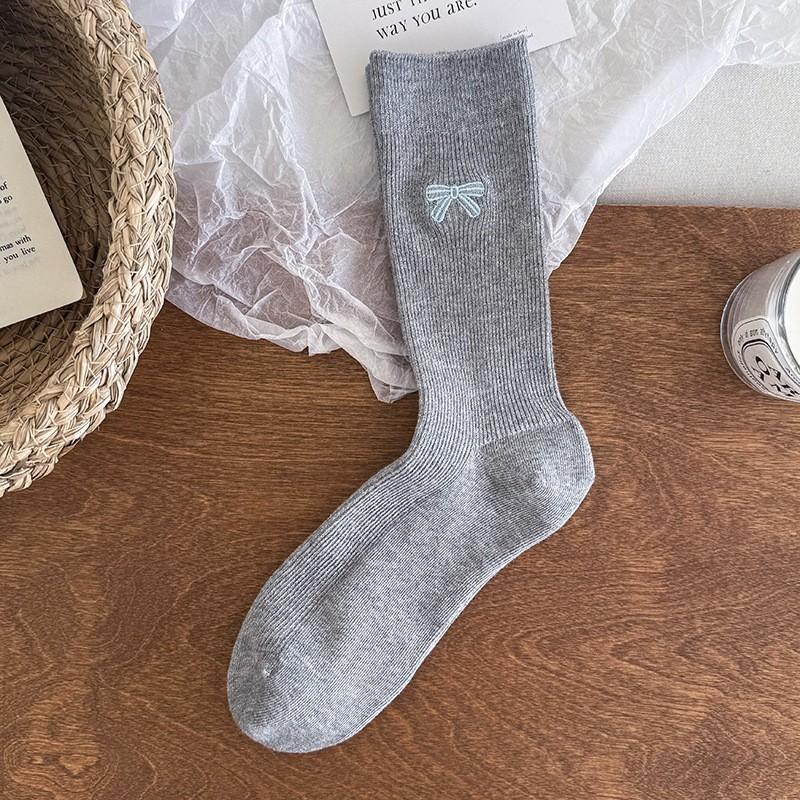 Embroidered Bow Socks Stacking Socks Season Pure Cotton Boneless Double Needle Cute Cotton Medium Tube Socks Women