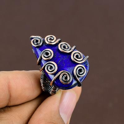 Natural Lapis Lazuli Gemstone Handmade Copper Wire Wrap Ring Size 5.5 T7e58