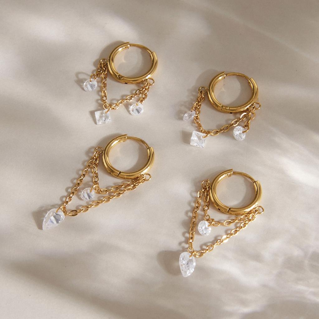 Uworld Geometric Zircon Drop Earrings For Women 18K Gold PVD Plated Stainless Steel Chains Tassel Earrings Fashion Jewelry Gift