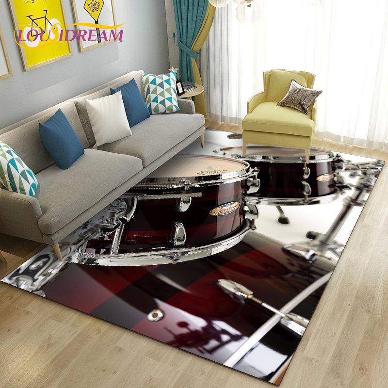 Teppich mit Schlagzeug, Musikinstrumenten, groß, Teppich für Wohnzimmer, Schlafzimmer, Sofa, Fußmatte, Küchendekoration, rutschfeste Bodenmatte für Kinder