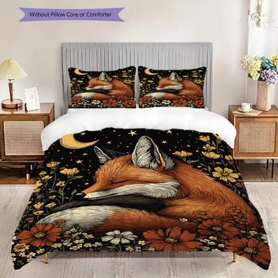 Ensemble de couette à motif renard Housse de couette Taie d'oreiller Décoration de maison Cadeau d'anniversaire (1 housse de couette + 2 taies d'oreiller, sans garniture.)