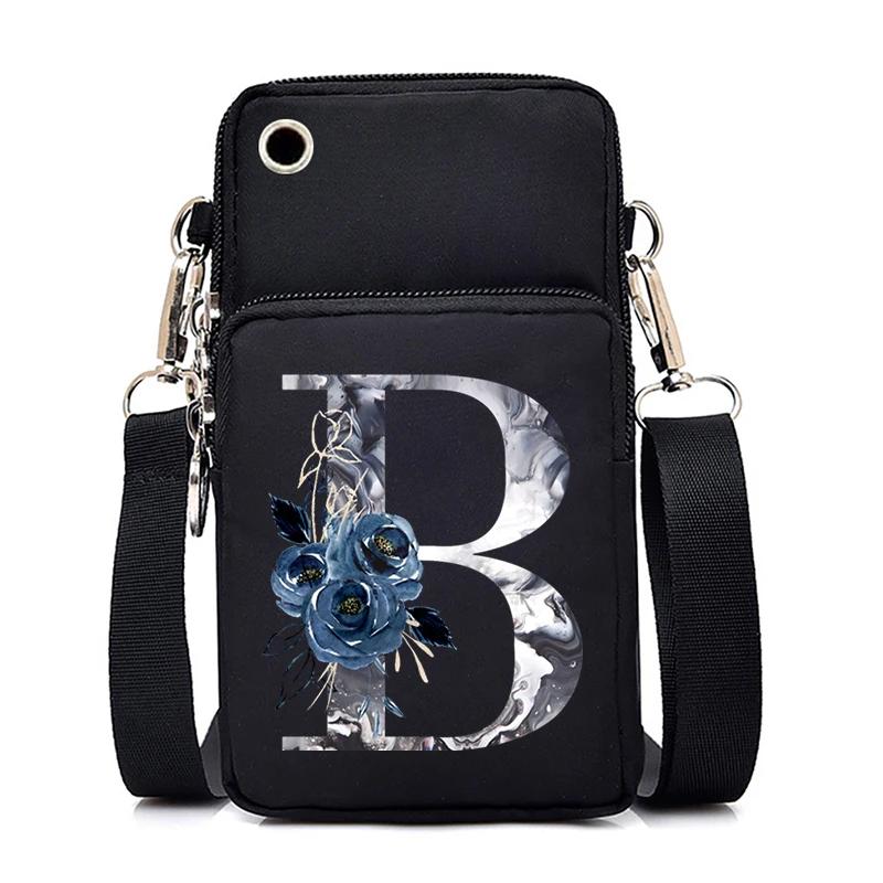 Blue Roses Alphabet Print Small Shoulder Bag 26 Letters Mini Crossbody Phone Bag for Women