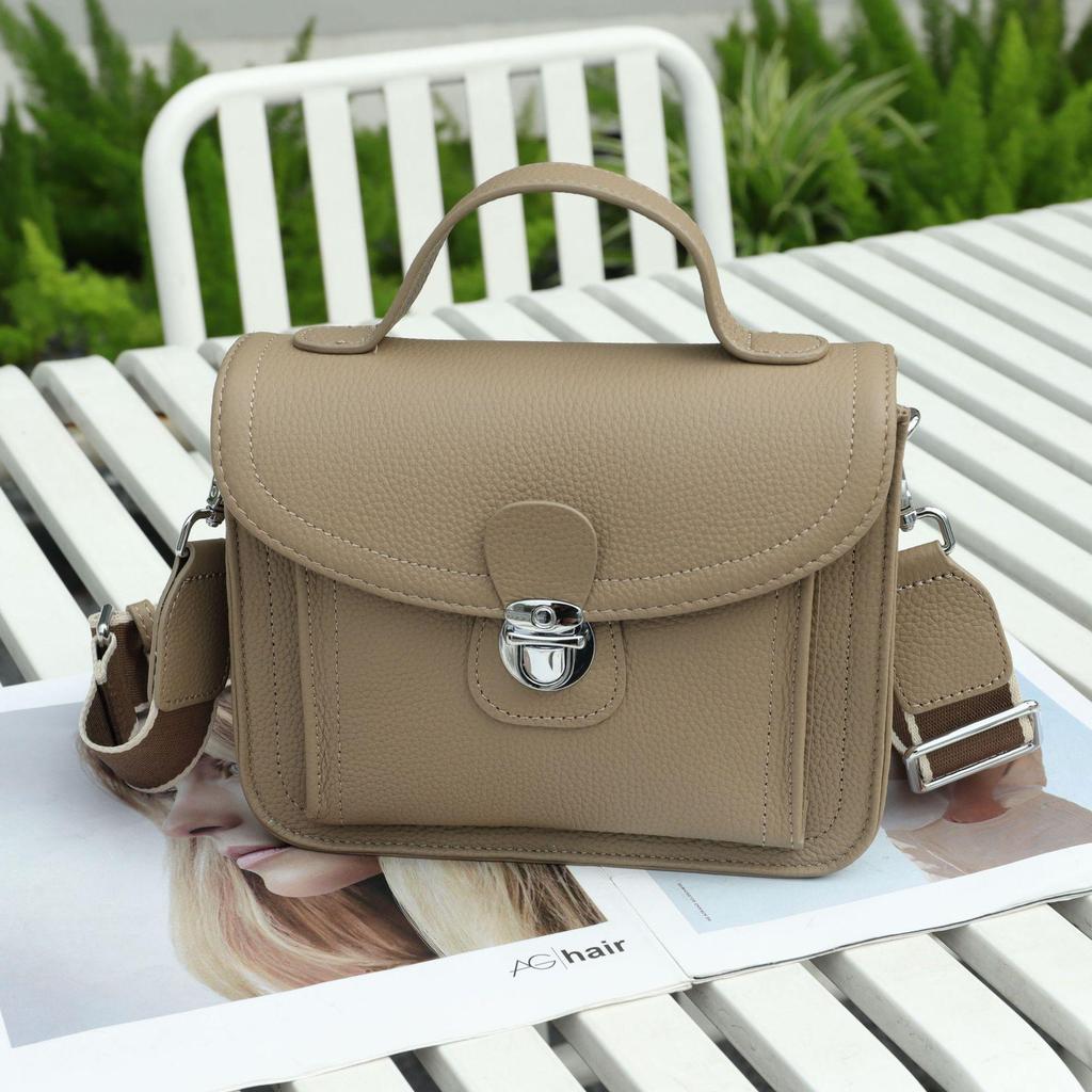 Women's Genuine Leather Cowhide Handbag - Simple, Solid Color, Handmade Messenger Bag