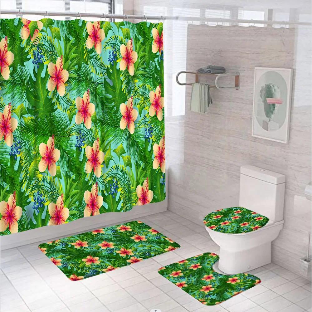 Green Gold Leaves Shower Curtain Set Summer Tropical Plant Bath Screen Bathroom Mat Non Slip U-Shape Rug Carpet Lid Toilet Cover