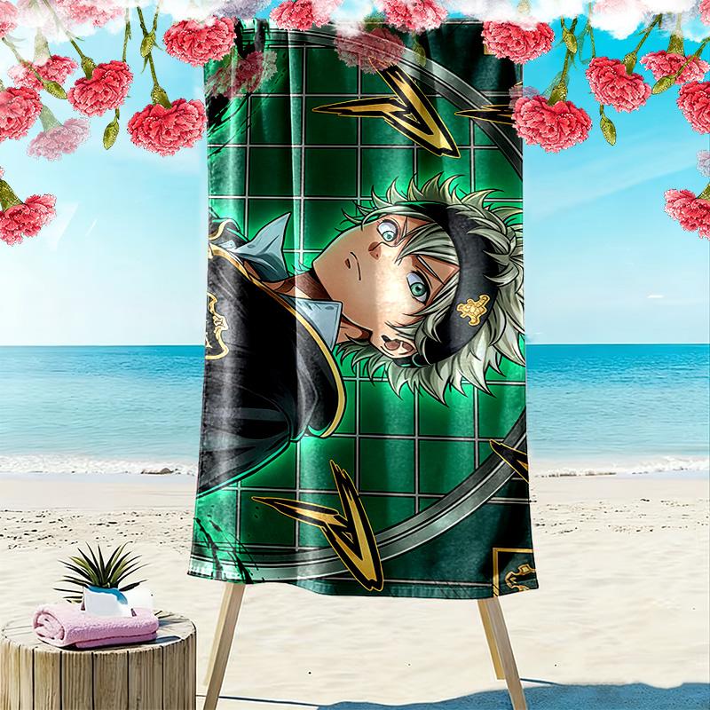 Black Clover Print Beach Towel, Large Soft Quick Dry Towel for Beach Camping Swimming