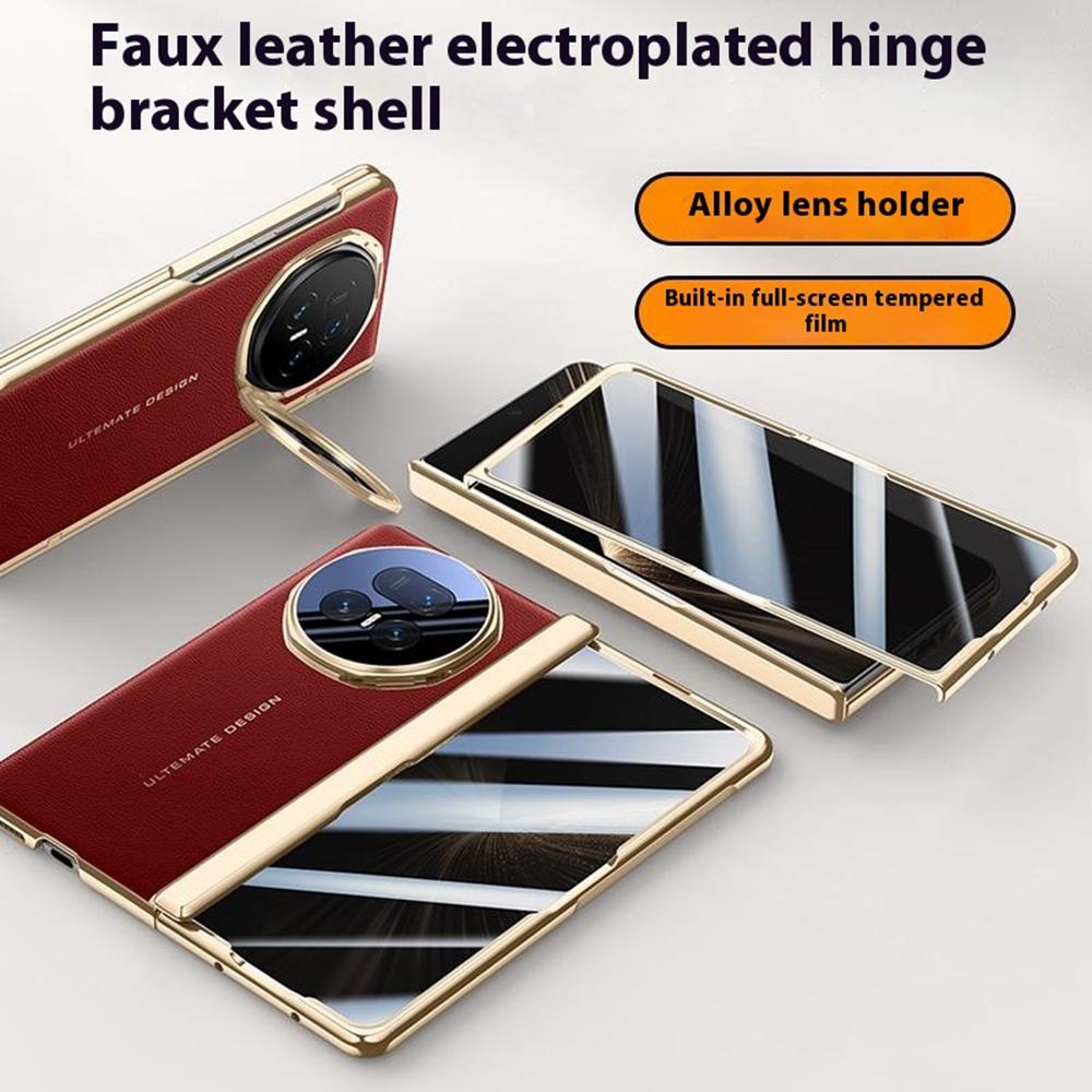 Pouzdro pro Honor Magic V5 5G Kožené+PC Kryt na telefon s HD tvrzeným sklem, Stojánek na objektiv