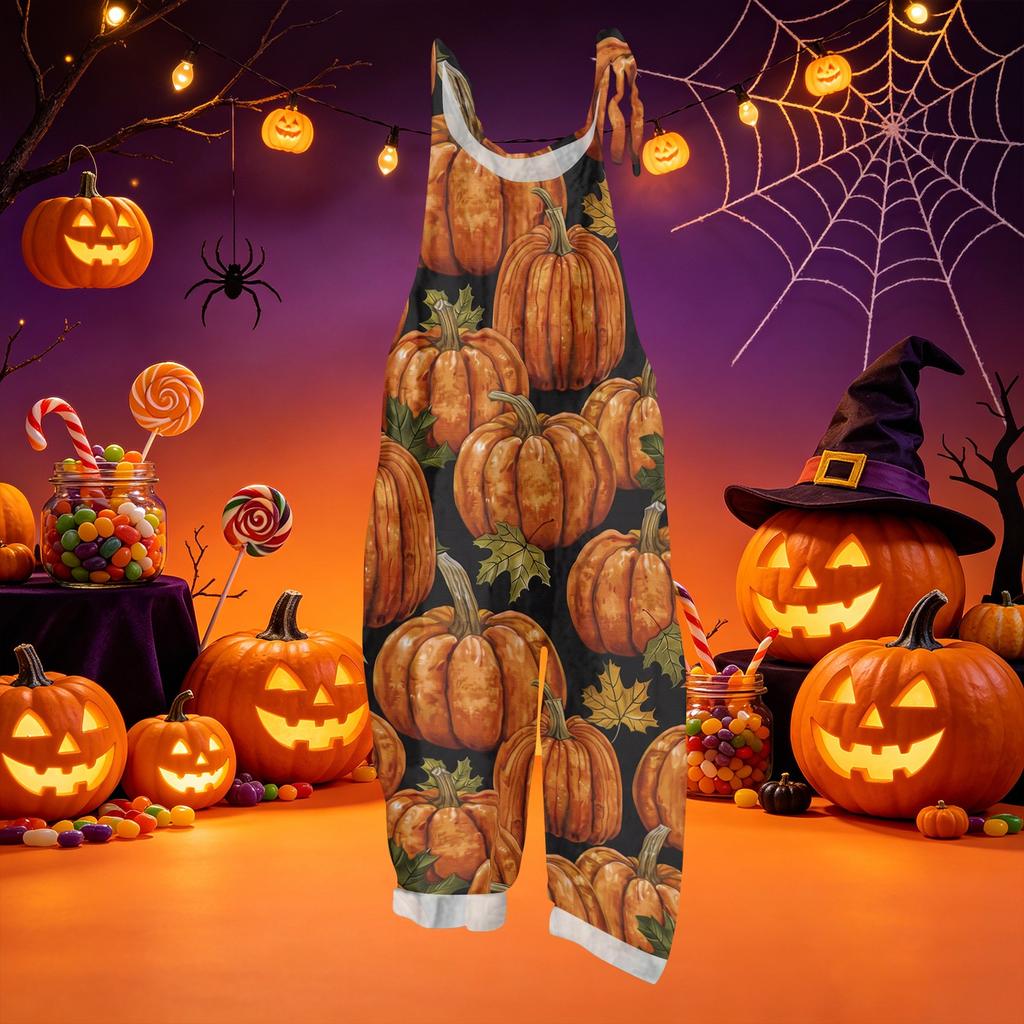 Women's Loose Fit Vintage Overalls Casual Jumpsuit Sleeveless Cotton Linen Blend Halloween Print Adjustable Strap