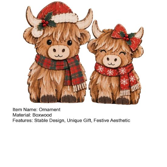 Rustic Christmas Table Centerpieces 2Pcs Highland Cow Ornament Set, Decorative Wooden Tabletop Farmhouse Tiered Tray Decor Figurine for Holiday