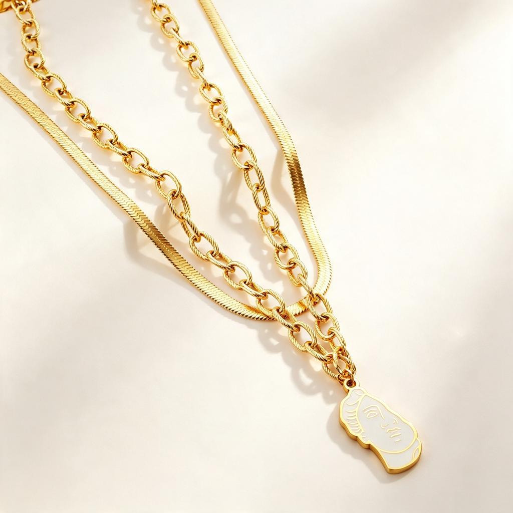 Jewelry Double Layer Stacked Collarbone Chain Dripping Oil Half Boy Pattern Pendant Necklace Stainless Steel Gold Plated Necklace