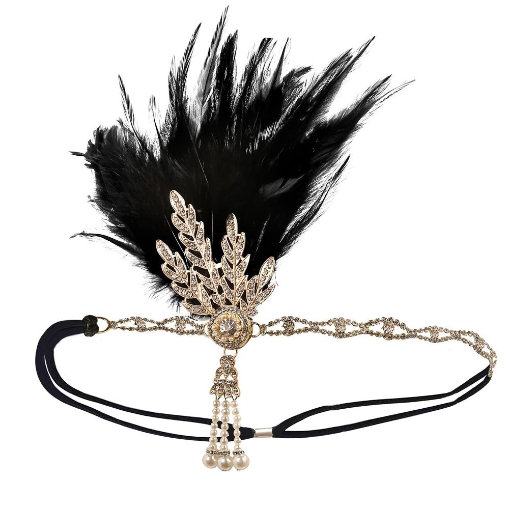 Women Vintage Feather Headband Black Rhinestone Beaded Sequin Hair Band Vintage Headpiece Flapper Feather Headdress