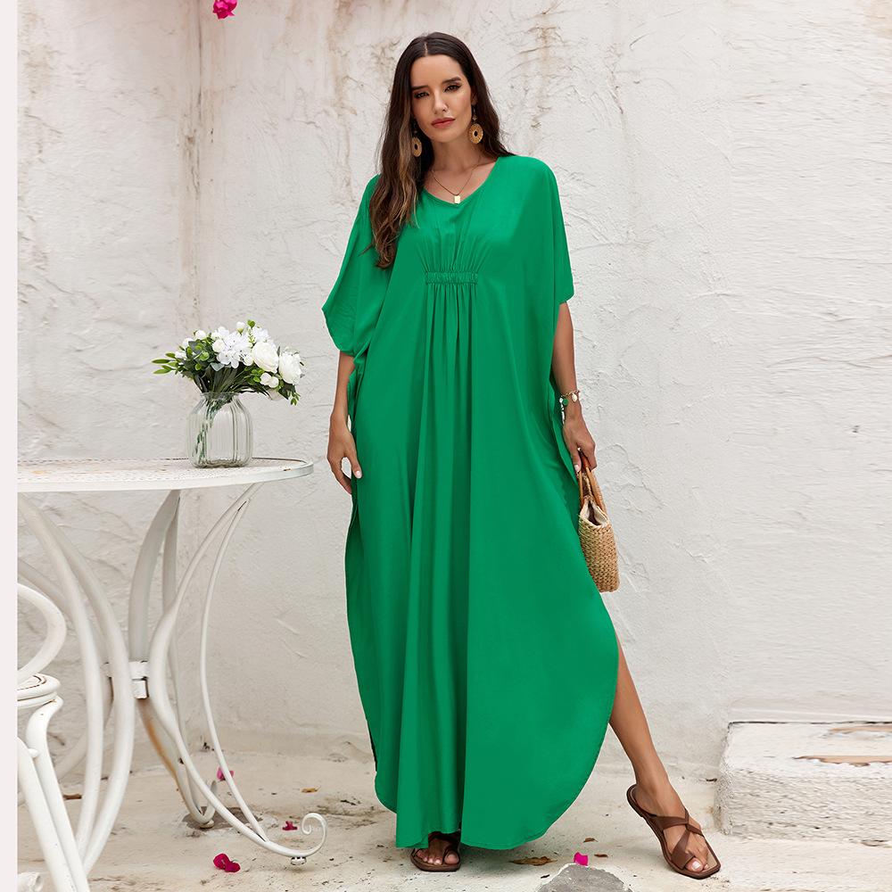 

Женское однотонное длинное свободное платье для плавания, пляжное бикини, прикрытие, халаты с v-образным вырезом и разрезом по подолу, защита от солнца, дышащее легкое платье макси для пляжного отдыха one size