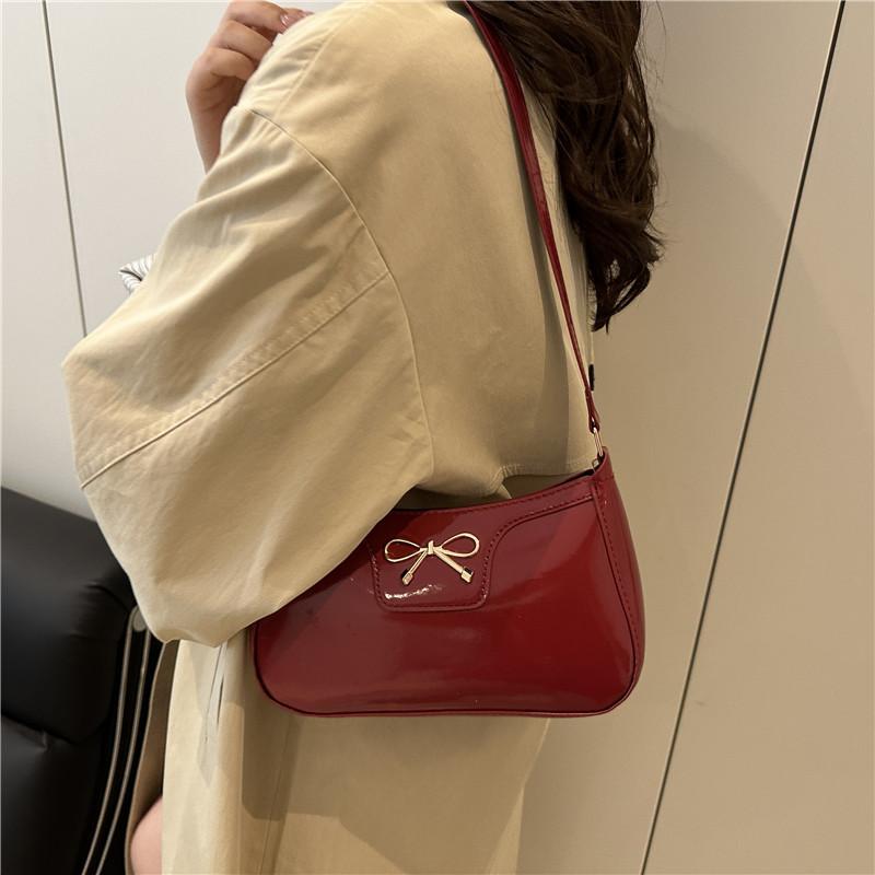 Retro Bow Women Pu Leather Shoulder Bags Simple Solid Color Ladies Underarm Bag Purse Lightweight Portable Female Phe Handbags