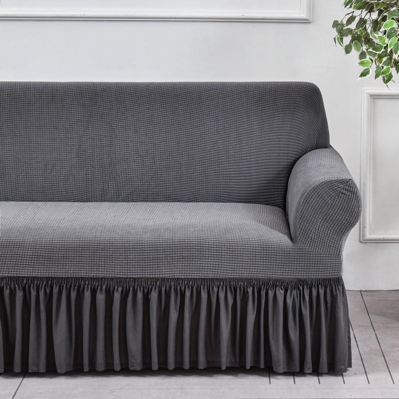 Elastischer Jacquard Sofabezug mit Schürze, Monochrom, Dick, Wohnzimmer, 1-Sitzer, 2-Sitzer, 3-Sitzer, 4-Sitzer