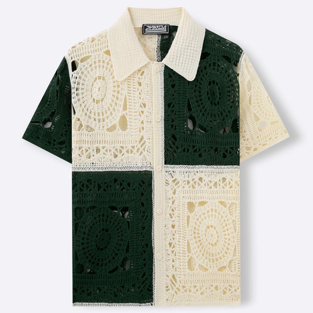 Men's Casual Knitted Short Sleeve Shirts Button Down Crochet Hollow Out Shirt Top Summer Vacation Vintage Knit Golf Beach Collared Shirts Tops for Men