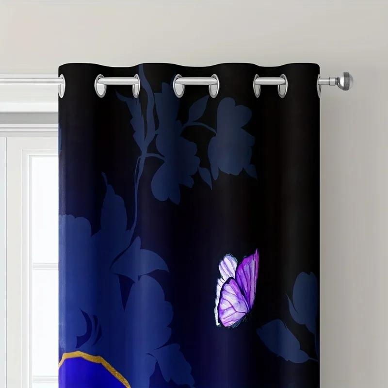 Blue Rose Butterfly High Shading Curtains Fashionable Printed Curtain for Bedroom Kitchen and Living Room Home Decor 2 Panels