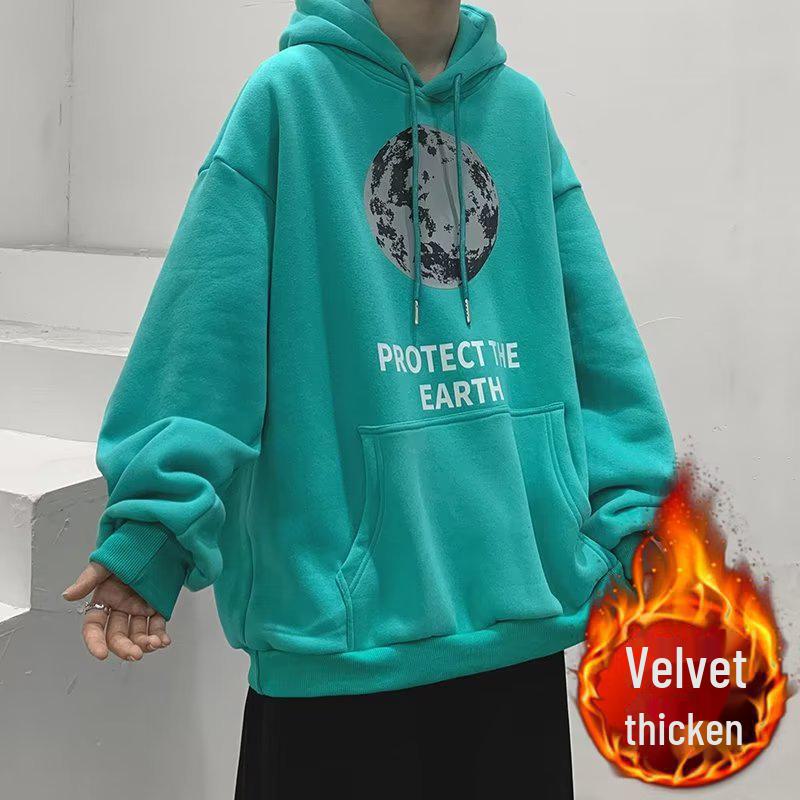 Men's Hong Kong Style Velvet-Lined Hooded Sweatshirt: Trendy, Loose-Fit, All-Match Casual Top for Fall & Winter