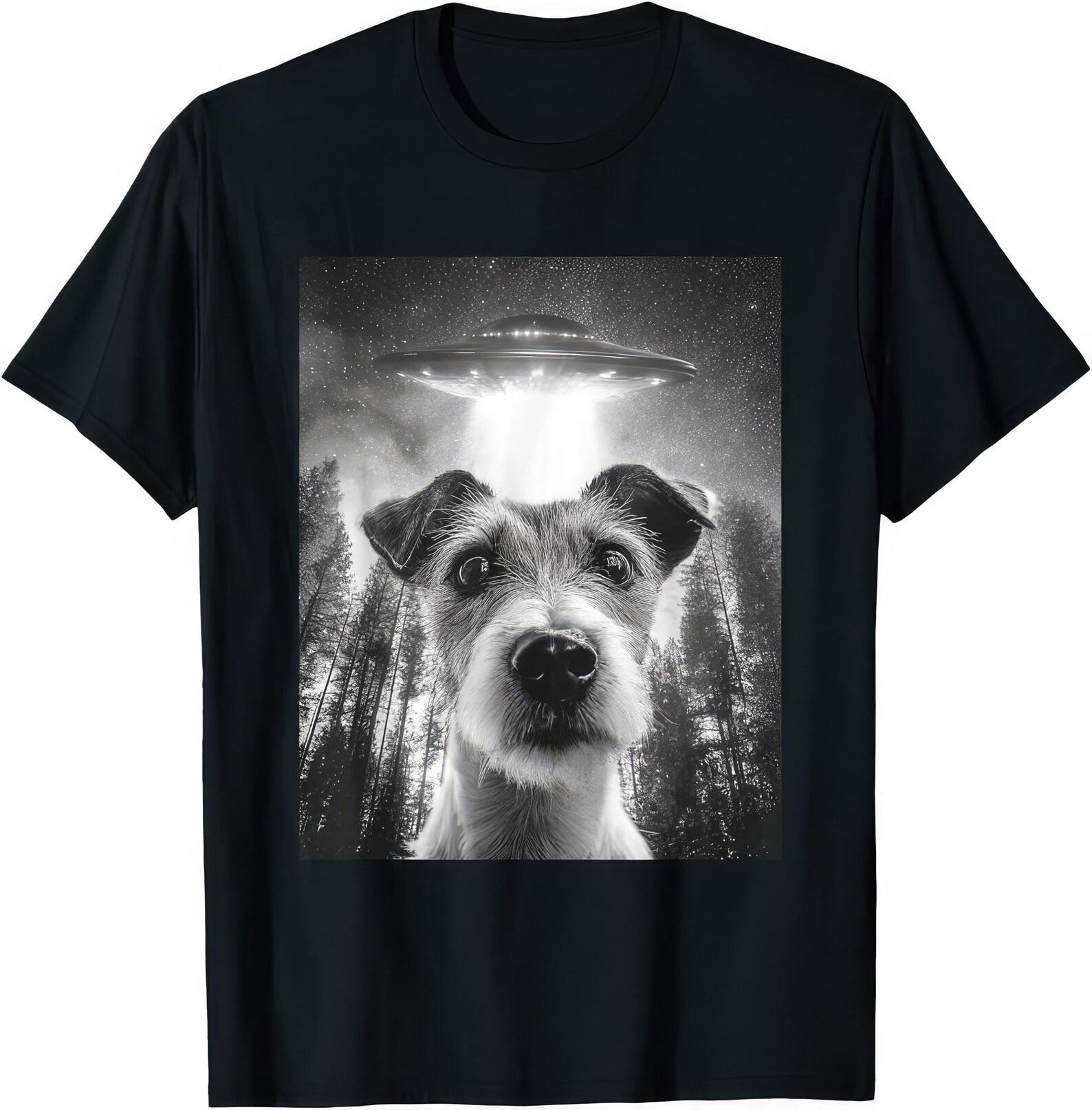 Surprised Jack Russell Terrier With Ufo Alien Dog Funny T shirt L