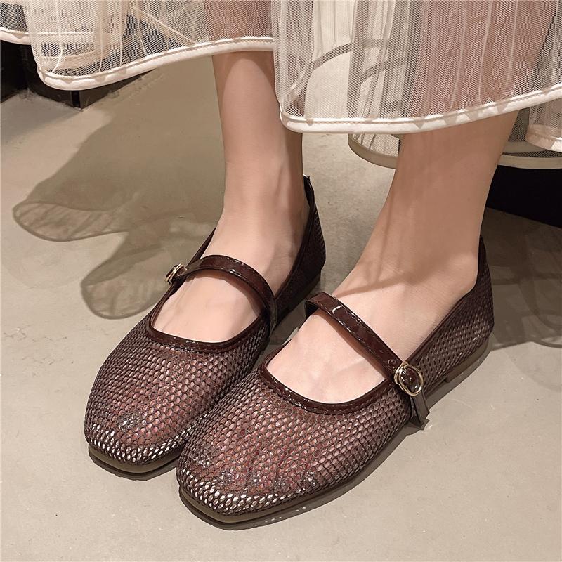 Square Toe Shallow Mouth One Strap Mesh Single Shoes Summer New Soft Sole Non-slip Low Top Shoes