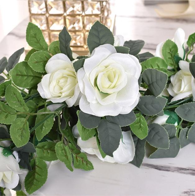 2pcs 86.61inch Artificial Garland - White Roses & Faux Ivy for Outdoor Weddings, Garden Backdrops & Christmas Decor