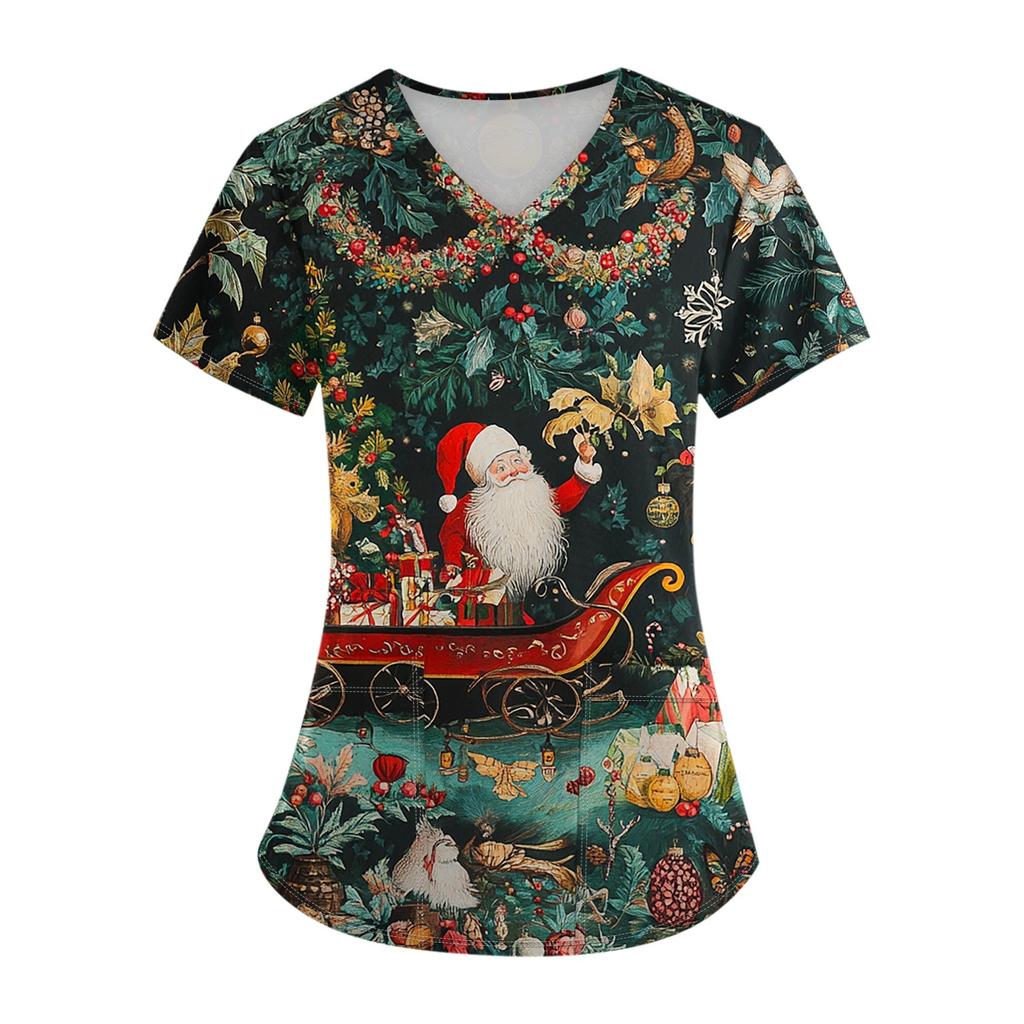 Ladies Short Sleeve Cross V Neck  Print Pocket Top