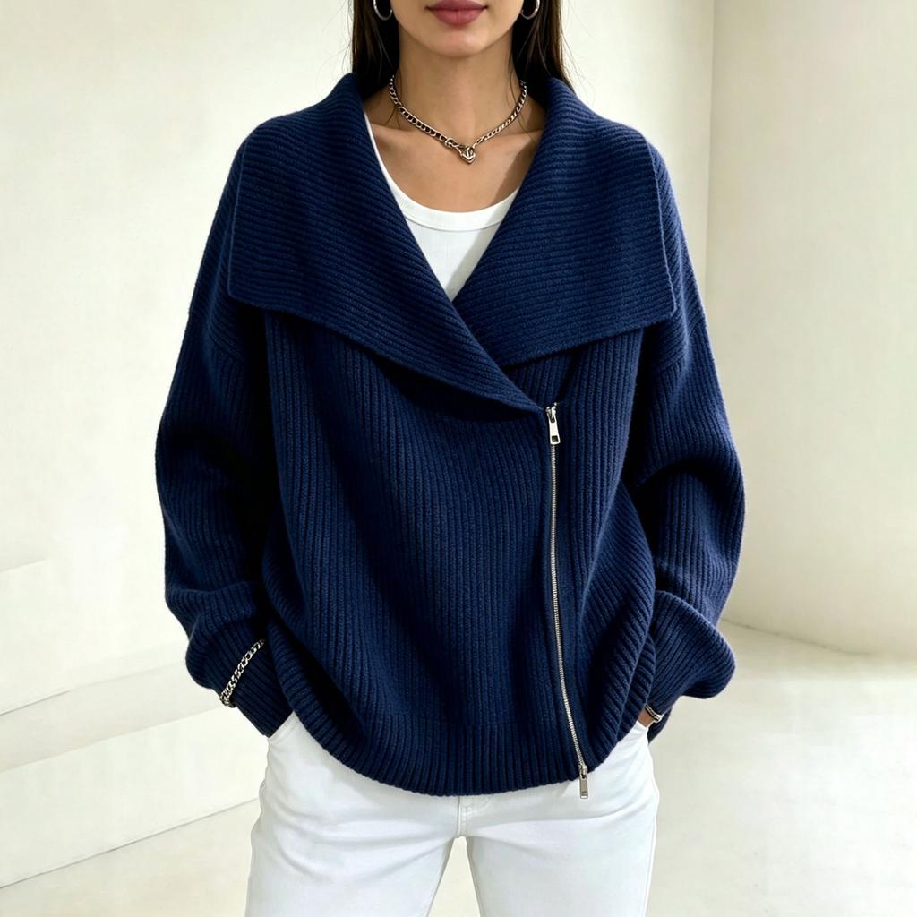 Women's Double Zipper Knit Cardigan Sweater with Lapel Collar for Casual Fashion