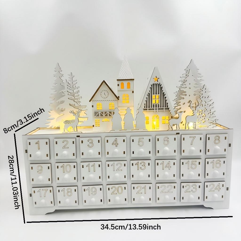 Wooden Christmas Advent Calendar with LED Lights 24 Numbered Drawers Village House Xmas Countdown Decor Gift 34.5×8×28cm