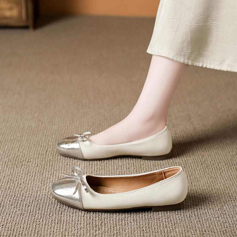 Bow Single Shoes Women's Spring and Autumn New Large Size Round Head Shallow Mouth One Pedal Casual Shoes