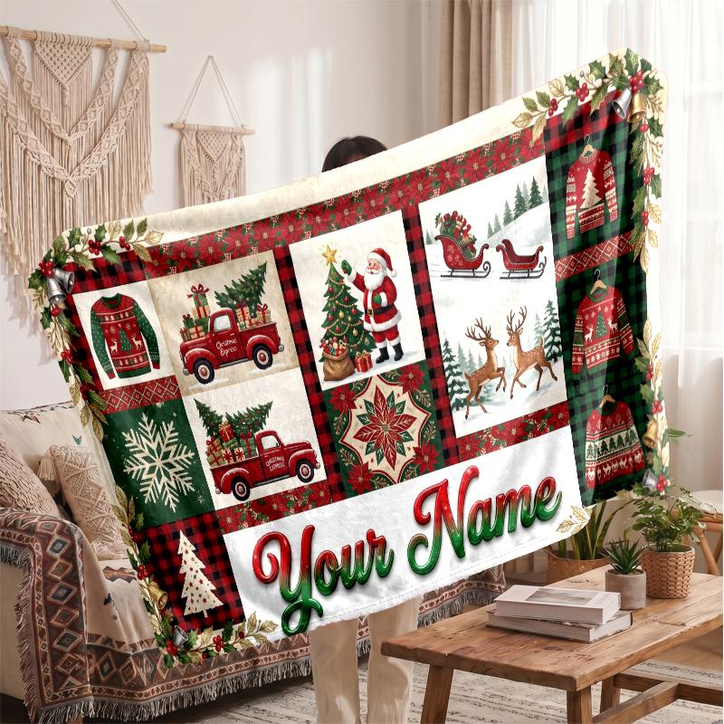 Christmas Custom Name Printed Flannel Blanket Warm Comfort Bed Throw Home Decor Holiday Gift