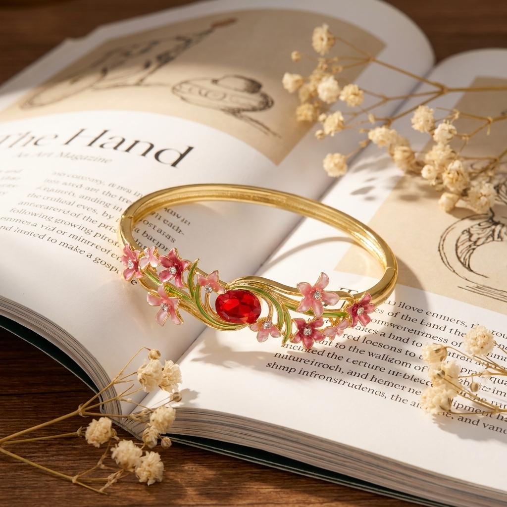 Elegant Flower Pattern Enamel Open Bracelet for Women Trendy Gold Plated Cloisonne Flowers Bangle Ring Charms Party Jewelry