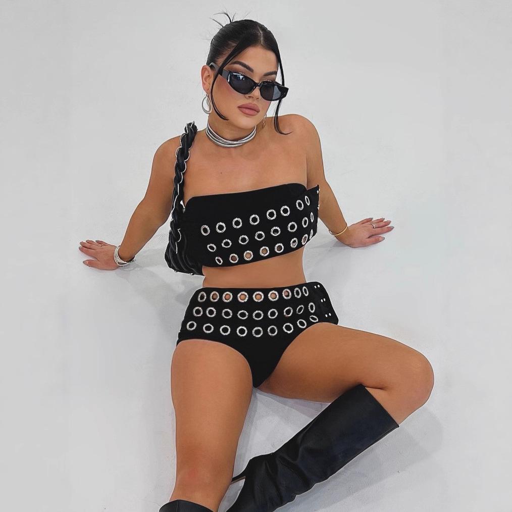 Women s Black Halter Top and Shorts Set with Silver Metal Ring Details S