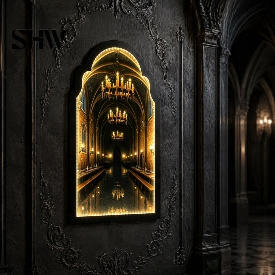 Dekorativer Holzrahmen Leuchtender Geisterspiegel, Gewölbter Geist/Sensenmann Halloween Beleuchteter Bogen Spiegel Weiches Umgebungslicht für Kaminsims, Hausparty
