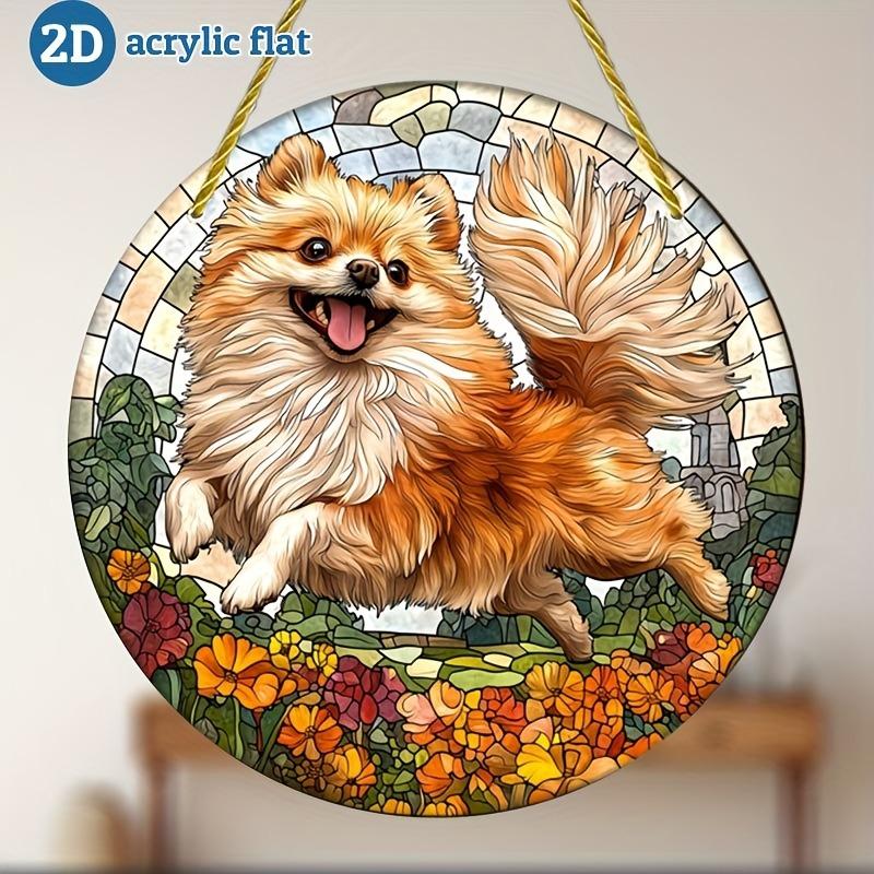 

2D плоская акриловая декоративная табличка в форме круга с изображением померанского шпица, красочный садовый дизайн, декоративная табличка для дома, подвесное настенное искусство, декоративное украшение для сада, для комнаты 20*20cm