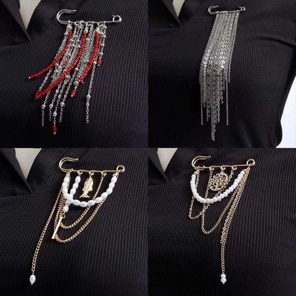 Retro Red Bead Tassel Pin Clothes Decor Clothing Jewelry Accessories Design Metal Multi Chain Brooch Exaggerate Long
