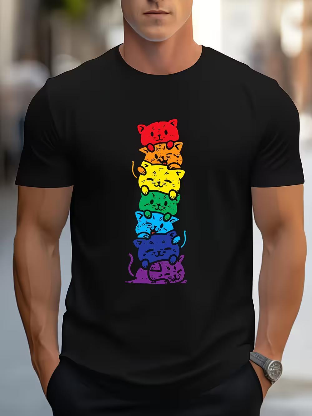 Men S Rainbow Cat Layered T-Shirt - Features a Cute Cat Design S