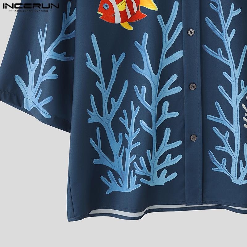 INCERUN Men Lapel Half Sleeve Floral Print Casual Loose Oversized Shirts