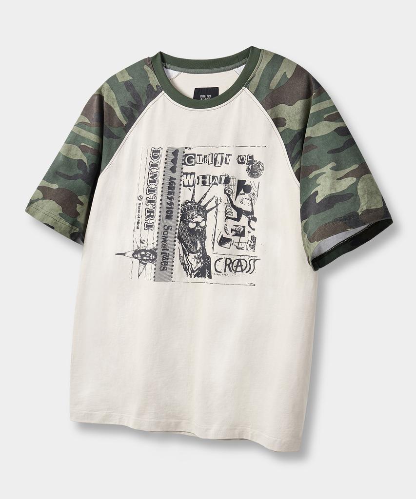 Dimiteulibeullaeg Raglan Color Block Pigment Artwork Short Sleeve T-Shirt_Ivory & Camo