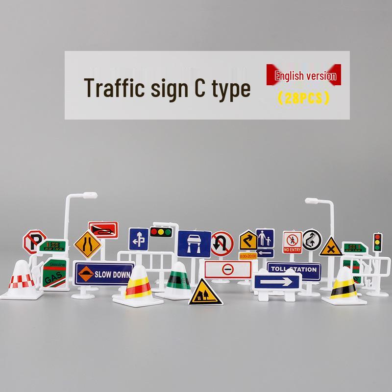 Children's DIY Model Parking Scene with 28-Piece Road Signs and Traffic Signposts Set, Including Free Gifts.