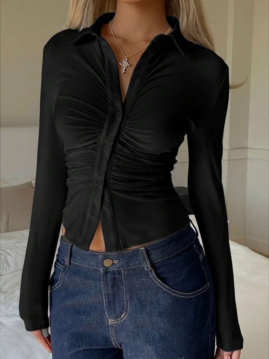 Women Slim Cinched Waist Collared Button Up Ruched Long Sleeve Fitted Shirt S
