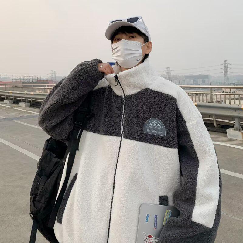 2024 Herren Trendige Lammwoll-Fleecejacke: Lockerer Stehkragen Colorblock Baumwollwattierter Mantel