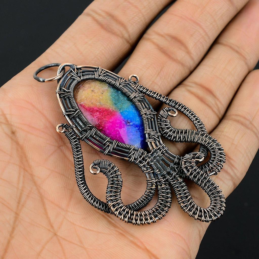 Rainbow Solar Quartz 999 Copper Wire Wrapped Pendant, Handmade Gemstone Pendant Jewelry, Gifts For Wife Brand New Pendant