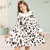 Girls High Neck Long Sleeve Geometric Printed Dress Furry Collar And Cuffs A Line Flared Hem