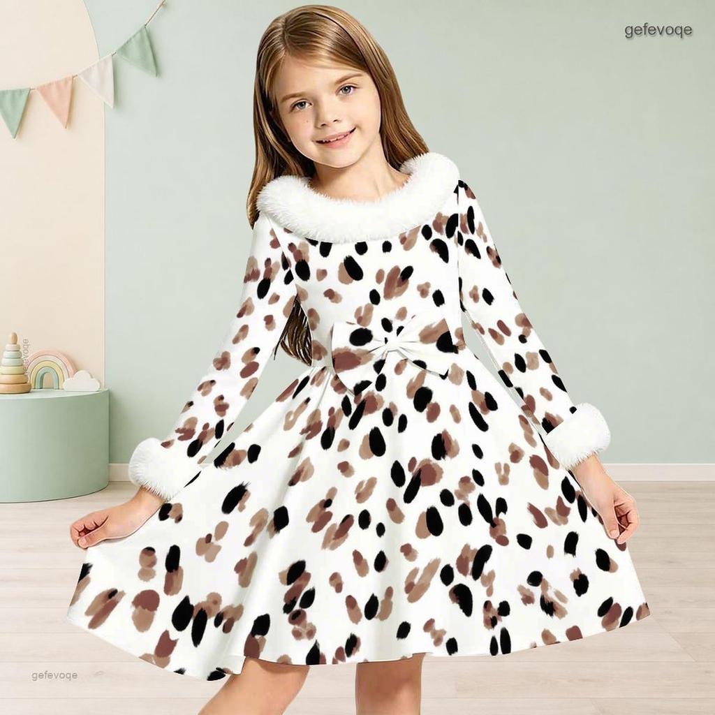 Girls High Neck Long Sleeve Geometric Printed Dress Furry Collar And Cuffs A Line Flared Hem