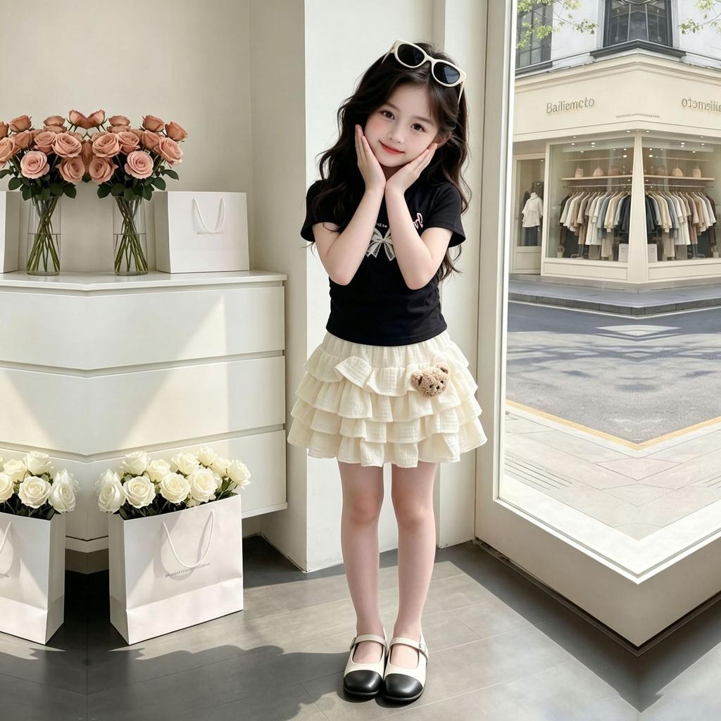 Girls Sweet Summer Bow Short Sleeve Top with Cartoon Cake Skirt Set