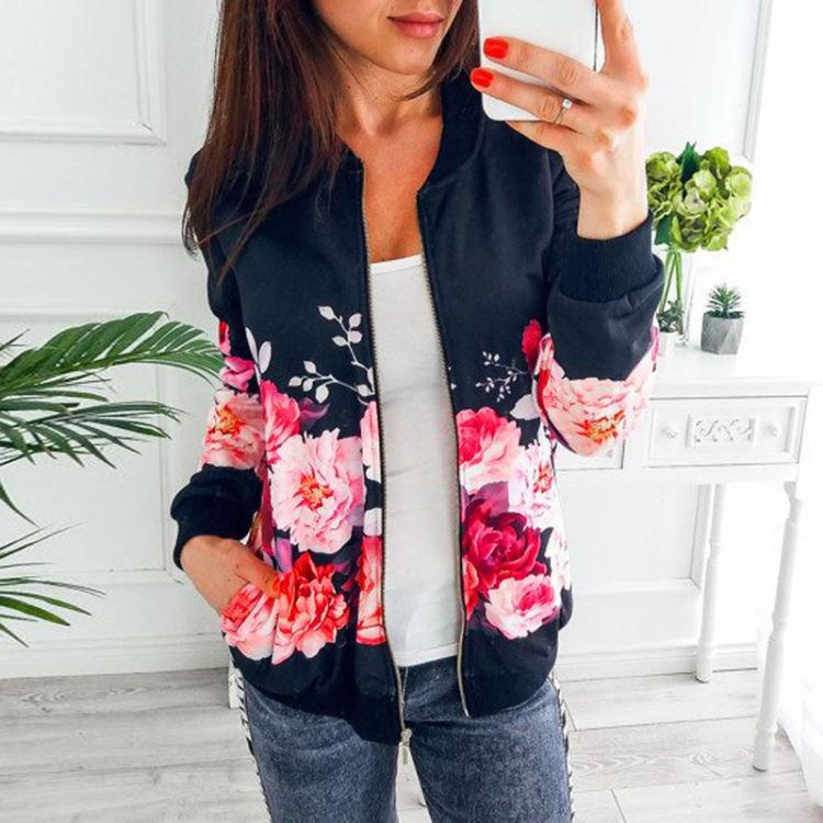 Retro Floraldruck Damen Jacke mit Reißverschluss Lässiger Mantel Oberbekleidung Tops