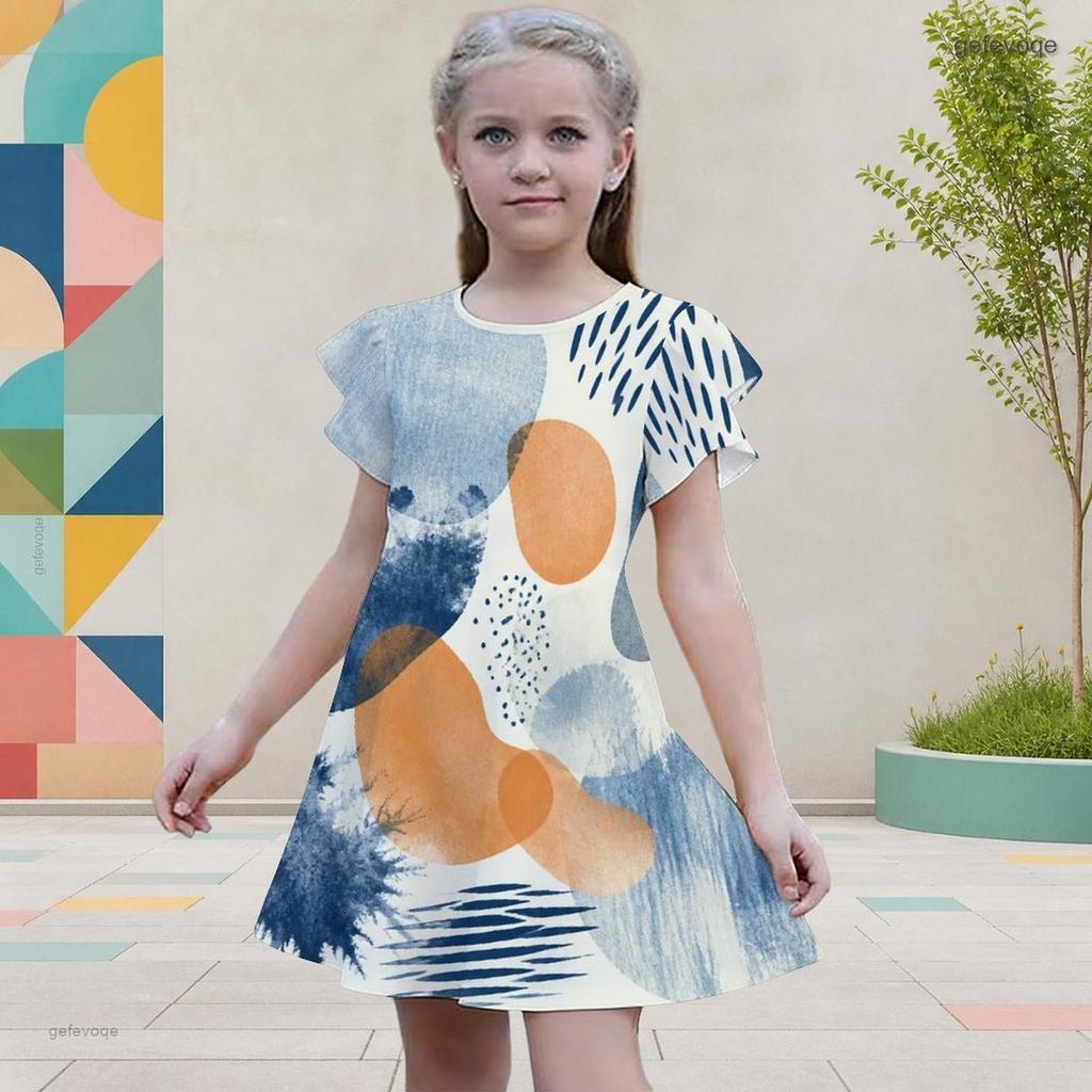 Little Girls Round Neck Flutter Sleeve Leaf Printed A Line Flared Dress