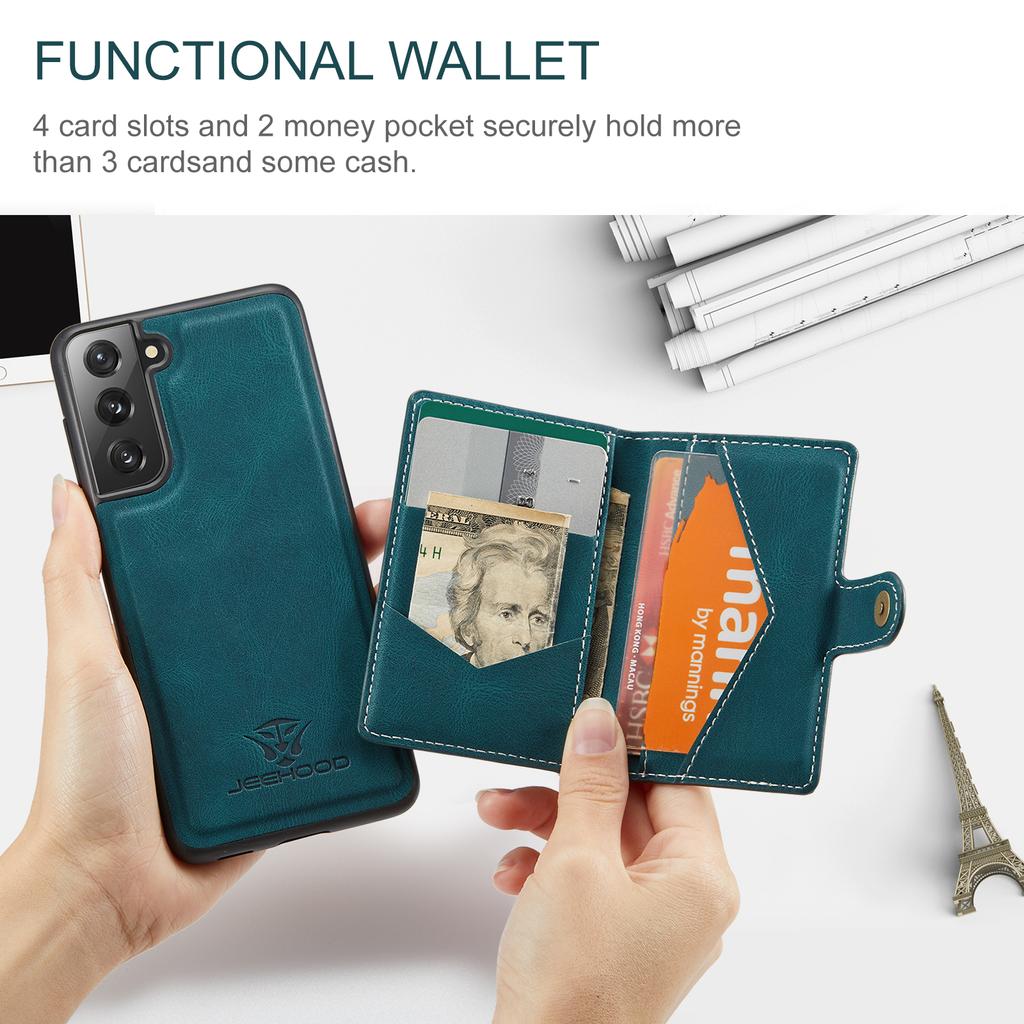 For Samsung Galaxy S22+ 5G Case JEEHOOD J01 Retro Leather Phone Back Cover with Detachable Magnetic Card Holder