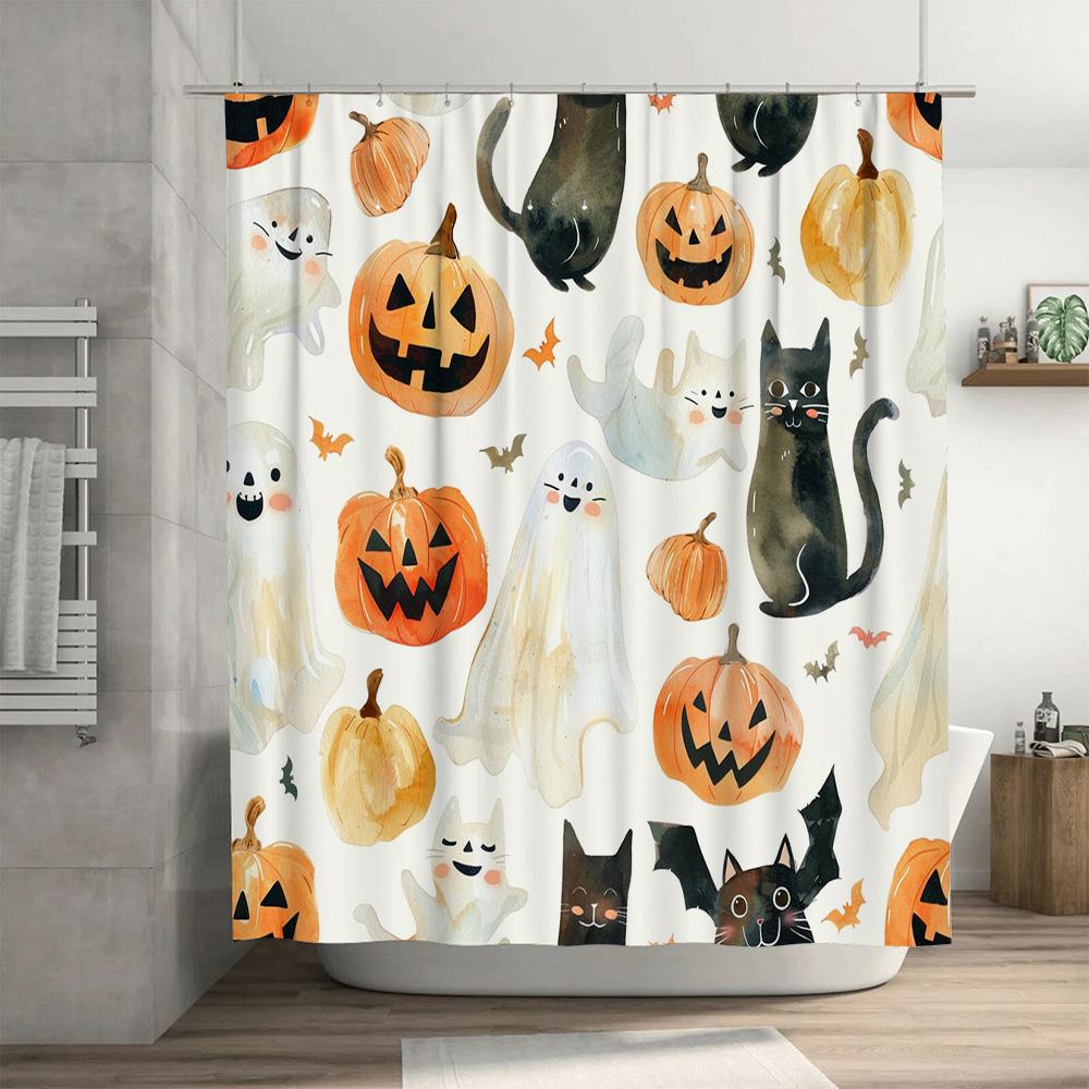 Halloween-themed Shower Curtain with Pumpkin Cat Bat Print for Halloween Decoration In Bathroom Accessories from Home Garden On