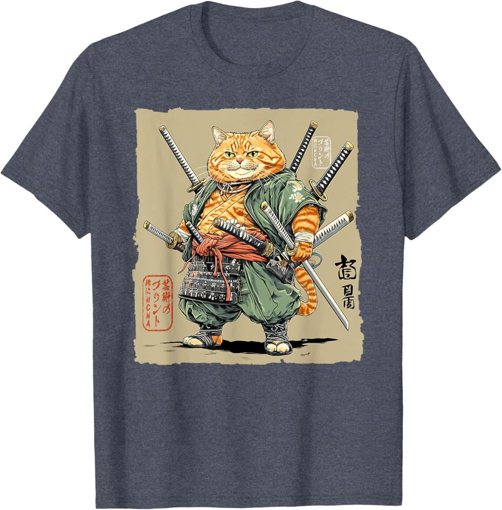 Samurai Cat Warrior Swords Graphic Tee Mens Cotton Casual TShirt
