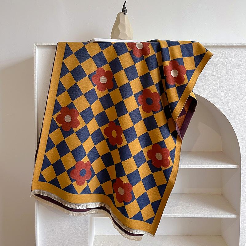 Imitation Cashmere Double-Sided Scarf Women'S Winter Versatile Dual-Purpose Shawl Thickened Warm Plaid Scarf