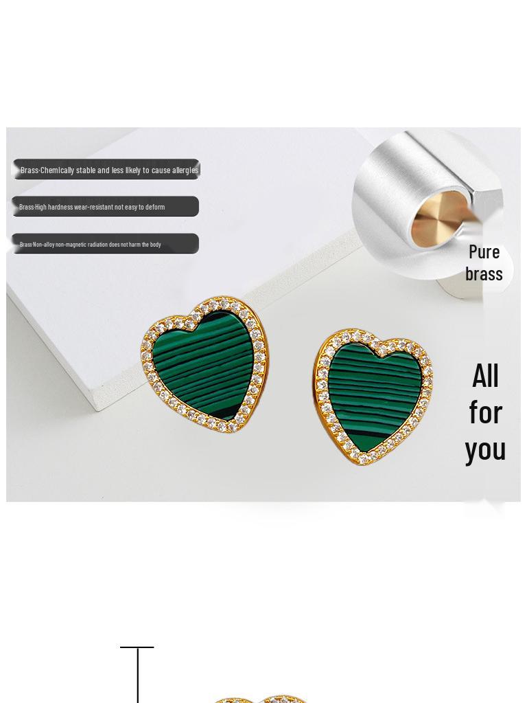 Retro Malachite Heart Diamond Stud Earrings - Exquisite Design & Unique Style